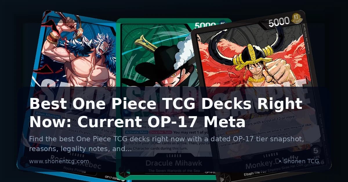 Official leader cards for Rocks D. Xebec, Dracule Mihawk, and Monkey D. Luffy fan out across a dark backdrop