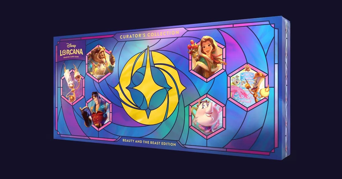 Disney Lorcana Curator's Collection Beauty and the Beast Edition box with stained-glass art showing Beast, Belle, Lumiere, Mrs. Potts and Gaston