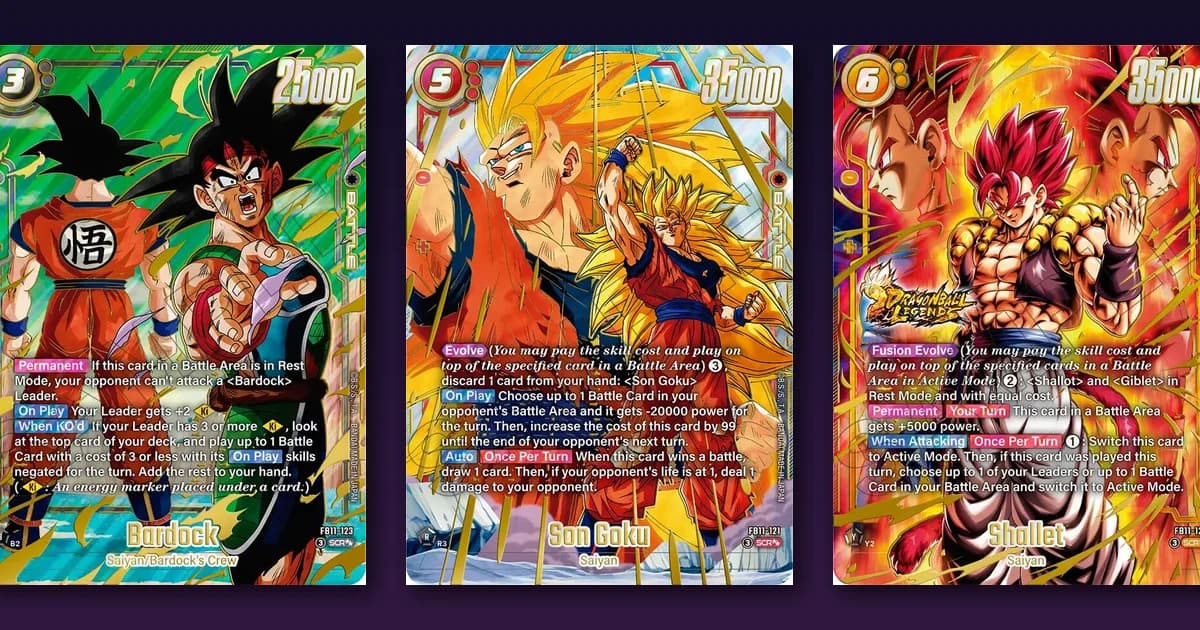 FB11 chase cards: the Bardock, Son Goku and Shallet Super Alt-Art SCRs from Brightness of Hope side by side