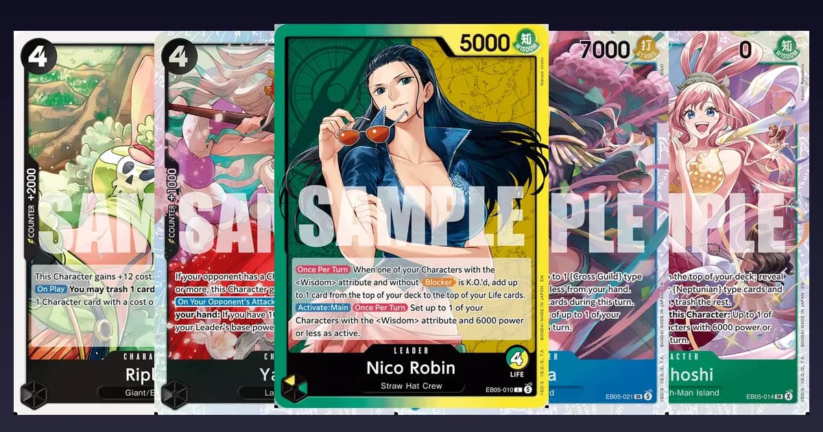 Five EB-05 preview cards side by side: Ripley, Yamato, the Green/Yellow Nico Robin Leader, Alvida and Shirahoshi