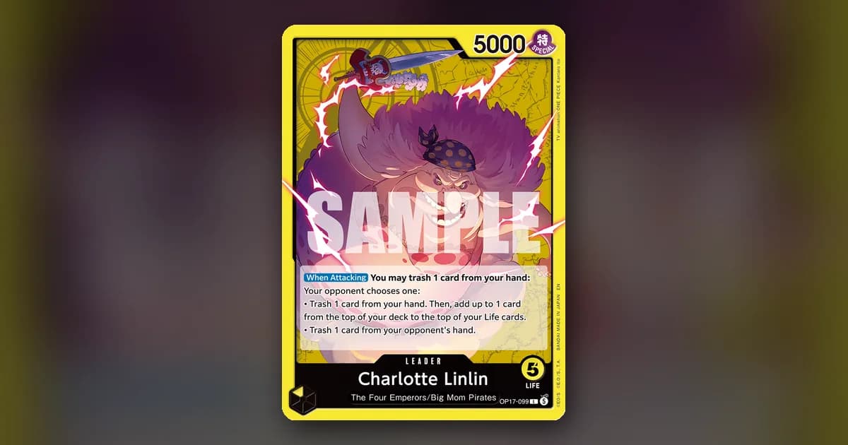 Charlotte Linlin's OP-17 leader card art, towering purple hair, gap-toothed grin, lightning bolts, and a floating sentient blade
