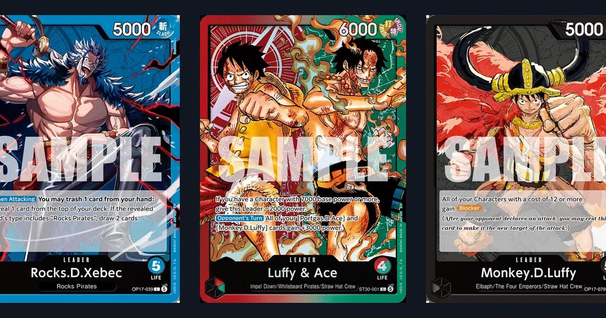 Official Bandai leader cards Rocks D. Xebec OP17-039, Luffy & Ace ST30-001 and Black Monkey D. Luffy OP17-079 side by side