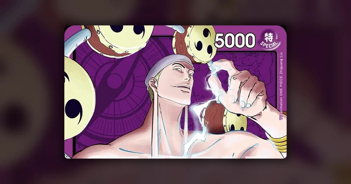 Official OP15-058 Purple Enel leader card artwork for an OP-17 deck guide