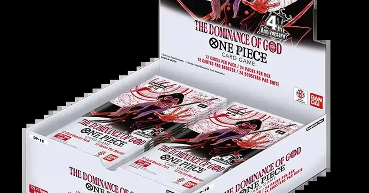 OP-18 booster display mock-up with a goggled figure, raised hand, and red compass artwork