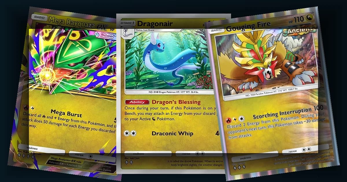 Official Pokemon TCG Pocket card art shows Dragonair, Gouging Fire, and Mega Rayquaza ex in a Dragon deck