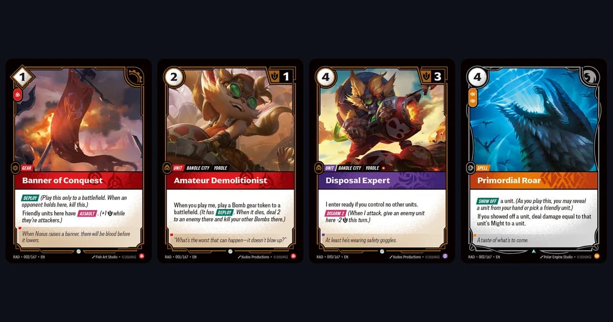 Riftbound Radiance cards Banner of Conquest, Amateur Demolitionist, Disposal Expert and Primordial Roar showing the Deploy, Disarm and Show Off keywords