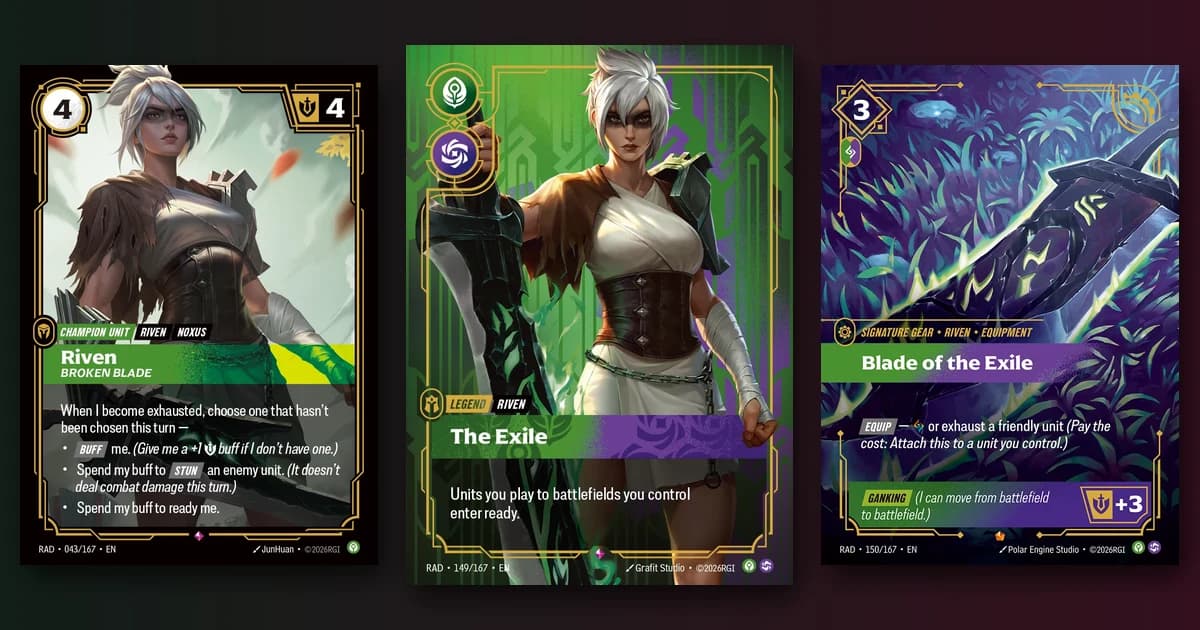 Riven cards Broken Blade, The Exile Legend and Blade of the Exile side by side