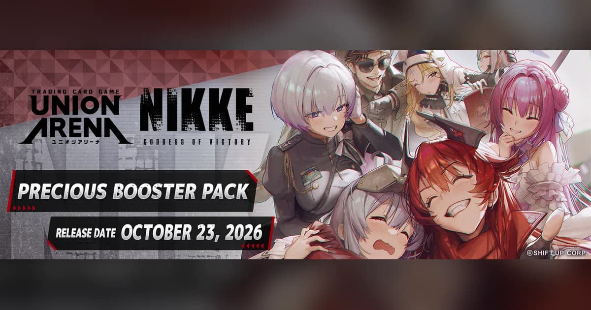 Official Union Arena NIKKE Precious Booster banner with six characters and October 23, 2026 release date