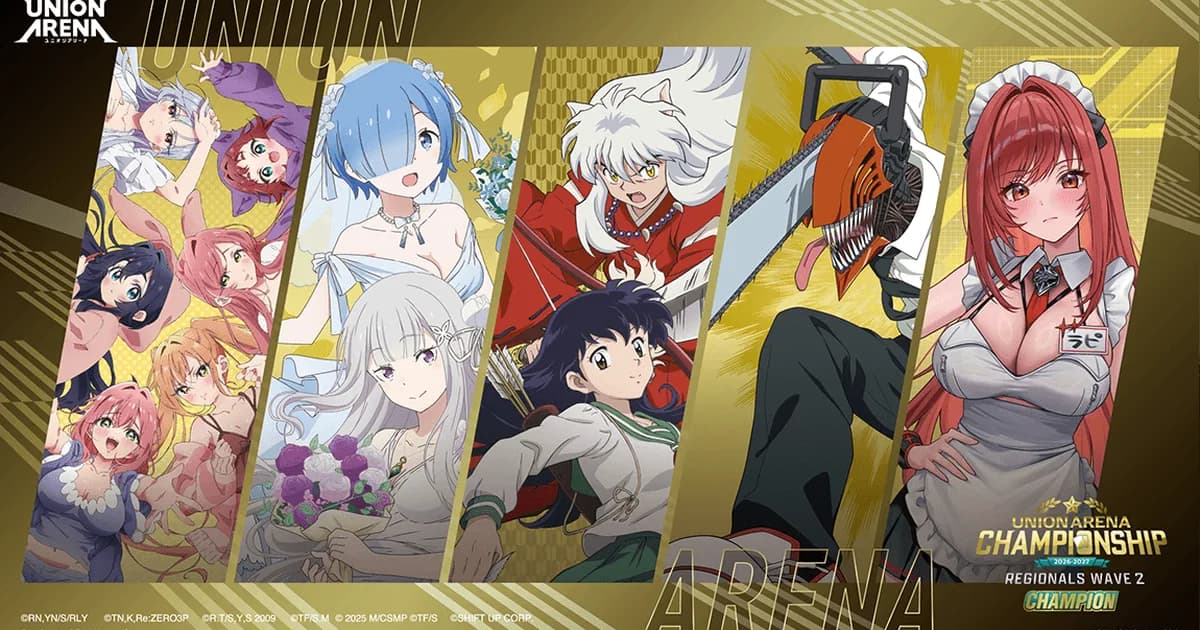 Union Arena Championship 2026-2027 Regionals Wave 2 champion playmat with Re:Zero, InuYasha, Chainsaw Man and NIKKE art panels