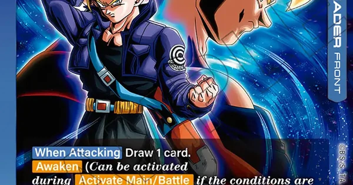 Official Dragon Ball Super Card Game Fusion World FB11-025 Trunks/Future Gohan Leader card artwork