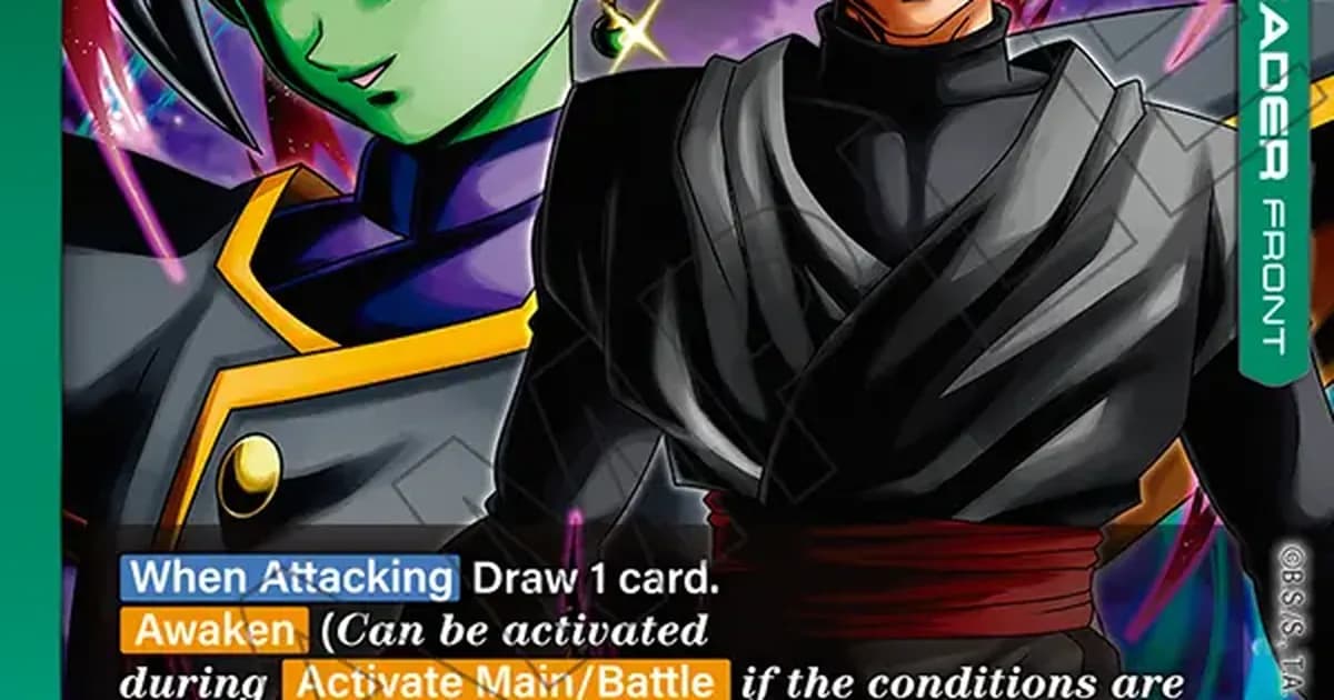 Official Dragon Ball Super Card Game Fusion World FB11-049 Goku Black Leader card artwork with Zamasu