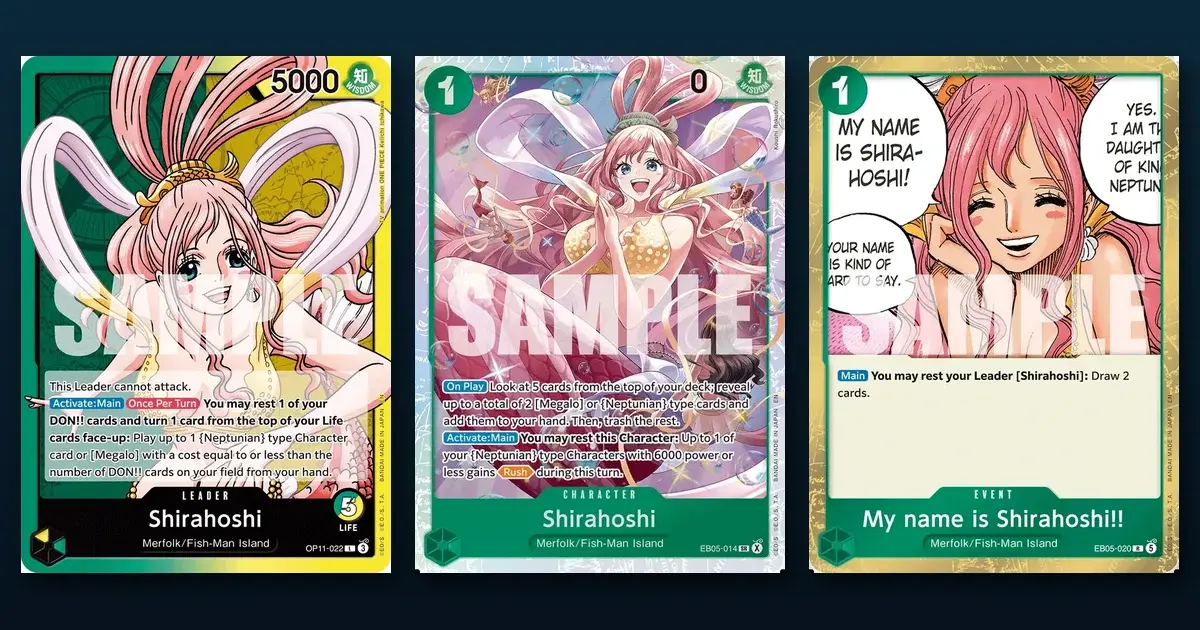 Shirahoshi Leader OP11-022 beside the EB-05 cards Shirahoshi EB05-014 and My name is Shirahoshi!! EB05-020