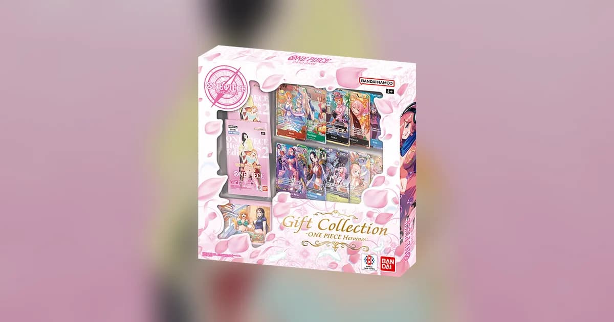 Official One Piece Card Game Gift Collection ONE PIECE Heroines box with pink petals, an EB-05 pack and a row of heroine promo cards visible through the window