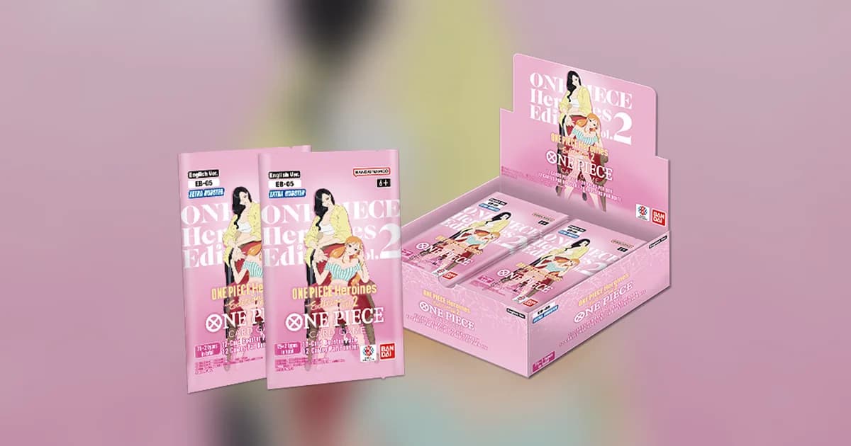 Official One Piece Card Game EB-05 Heroines Edition vol.2 pink booster packs and display box shown against a blurred pastel background