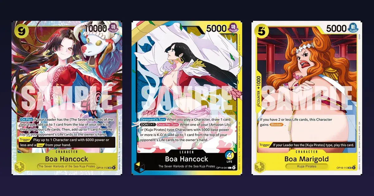 Boa Hancock OP14-041 Blue/Yellow Leader card between the OP14-112 Hancock Character and Boa Marigold on a dark navy backdrop