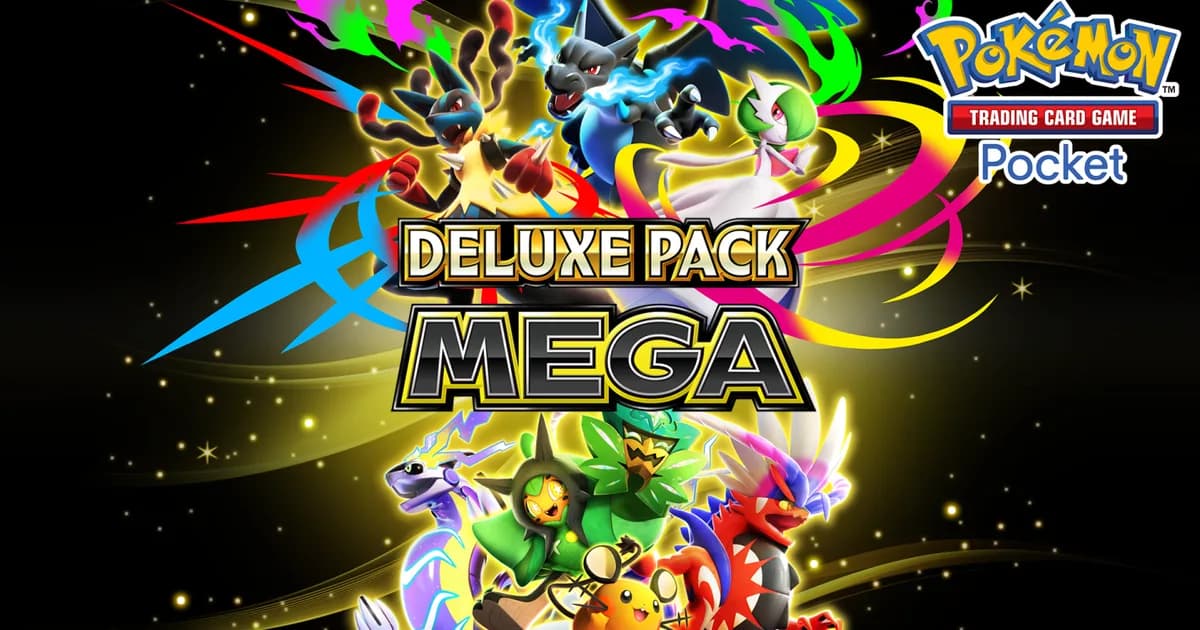 Deluxe Pack Mega key art with Mega Charizard X, Mega Lucario, Mega Gardevoir, Miraidon, Koraidon and Dedenne around the logo