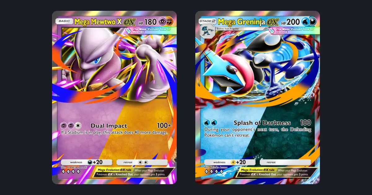 Mega Mewtwo X ex with Psychic and Fighting type icons beside Mega Greninja ex with Water and Darkness type icons