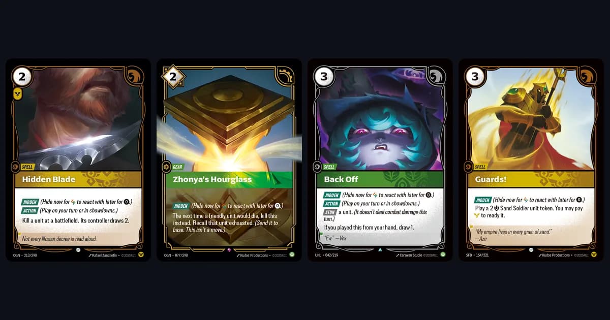 Riftbound Hidden cards Hidden Blade, Zhonya's Hourglass, Back Off and Guards! side by side on a dark background