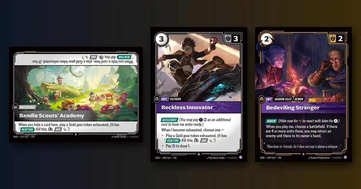 Radiance cards Bandle Scouts' Academy, Reckless Innovator and Bedeviling Stranger side by side