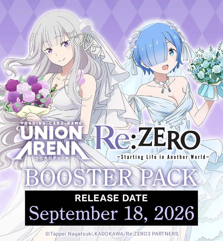 Union Arena Re:ZERO booster pack key art, Emilia and Rem in white dresses holding bouquets, release date September 18, 2026