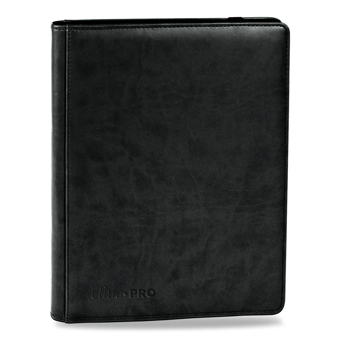 Ultra Pro Premium 9-Pocket PRO-Binder shown at an angle, black padded leatherette cover with an embossed Ultra PRO wordmark near the bottom edge