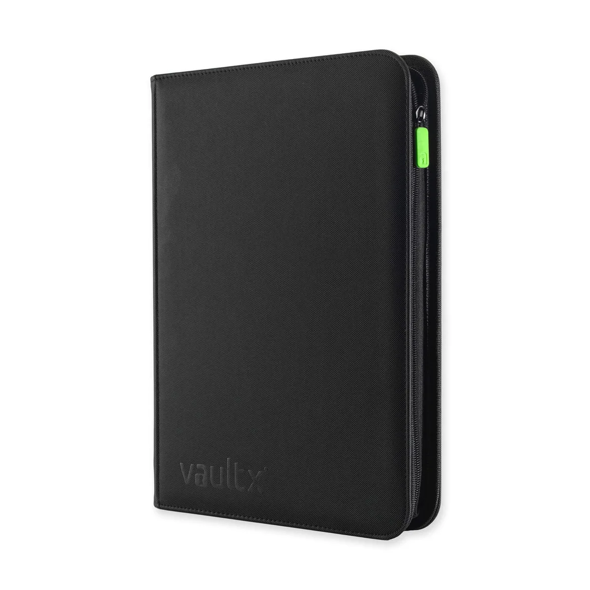Vault X Exo-Tec Zip binder opened flat, showing two facing 9-pocket pages in a 3x3 grid with the Vault X wordmark printed on each clear side-loading pocket