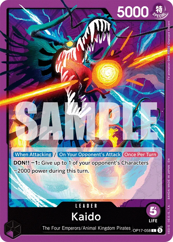Official OP17-058 Kaido leader card displaying the purple Animal Kingdom Pirates leader effect