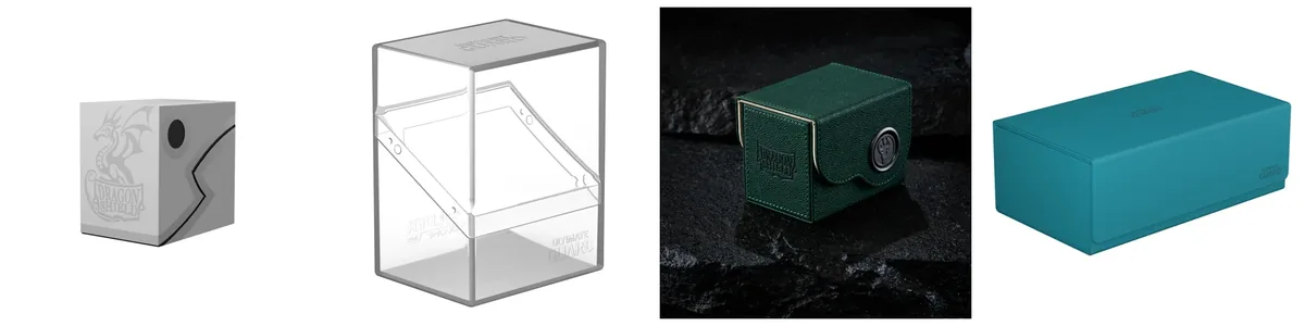 Product photos, left to right: Dragon Shield Deck Shell in Ashen White, Ultimate Guard Boulder 80+ in Clear, Dragon Shield Dragon Box 80+ in Green and Sand, Ultimate Guard Arkhive 800+ Xenoskin in Petrol