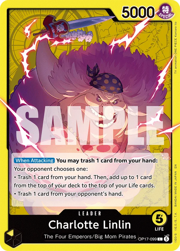 Official OP17-099 Charlotte Linlin leader card showing Big Mom Pirates artwork and its hand disruption effect