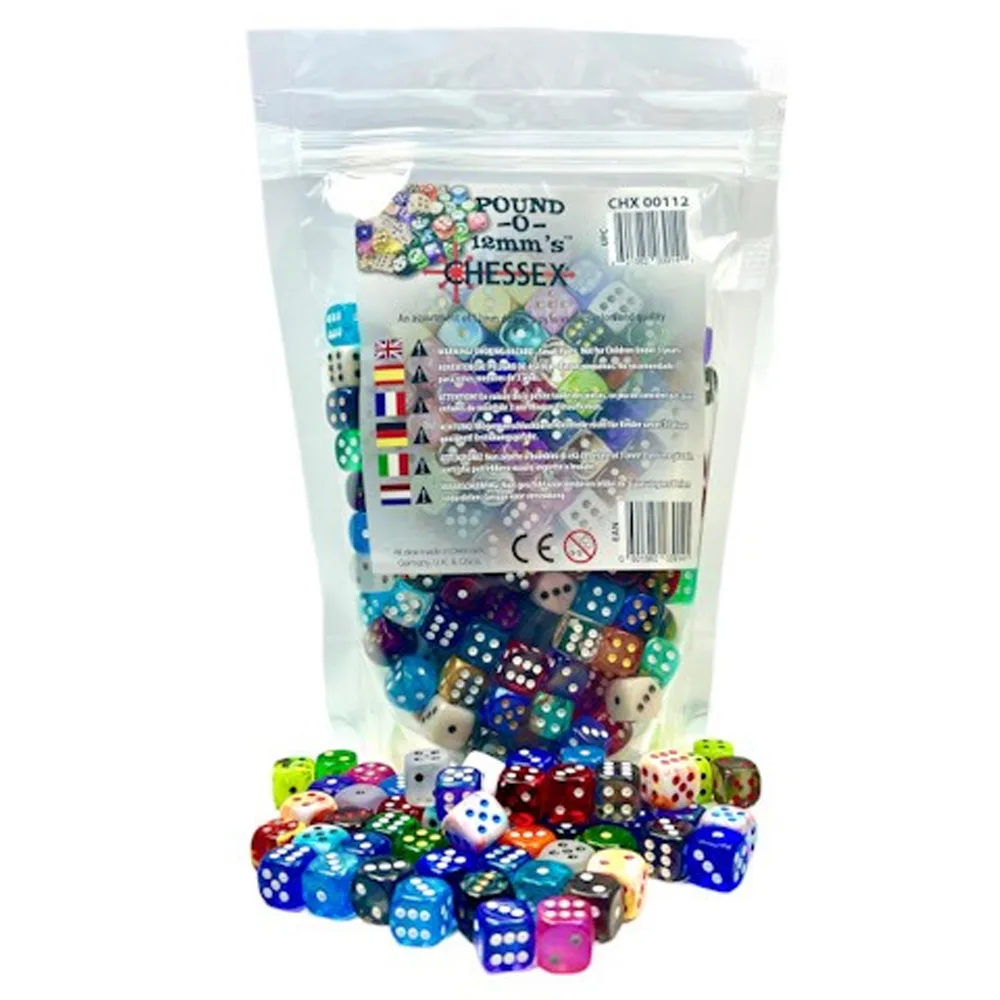 Resealable Chessex Pound-O-12mm's bag standing upright with a loose pile of multicolored 12mm d6 dice spilled in front of it