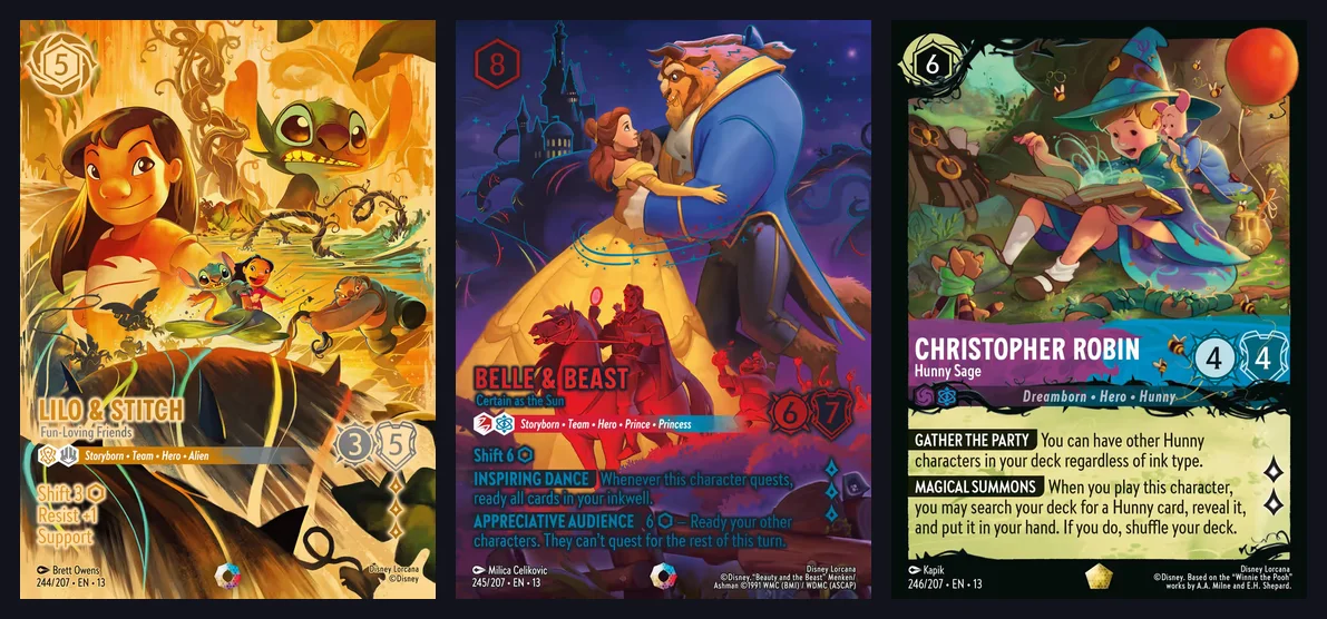 Official Disney Lorcana cards Lilo and Stitch Fun-Loving Friends Iconic, Belle and Beast Certain as the Sun Iconic, and Christopher Robin Hunny Sage Legendary from Attack of the Vine
