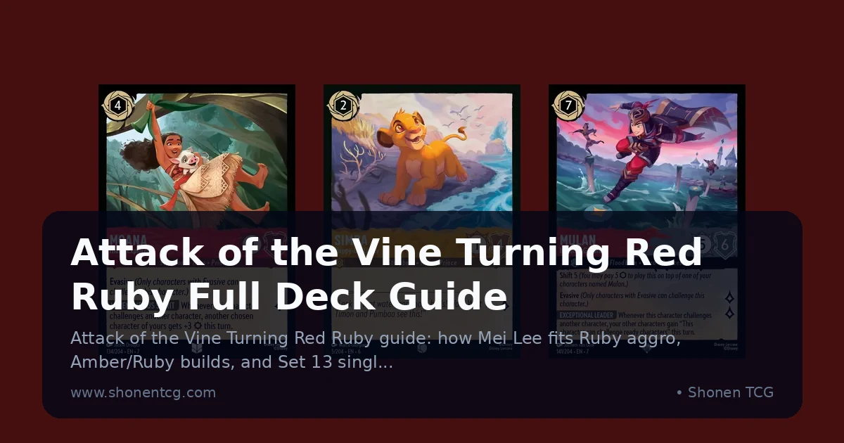Disney Lorcana Ruby ink cards with Mei Lee and Turning Red characters arranged on a red-tinted play mat for Set 13