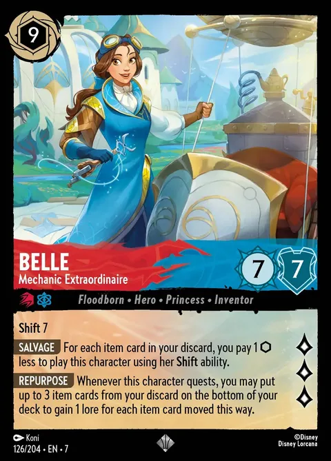 Disney Lorcana Sapphire Belle card showing an Items-based cost reduction and discard interaction