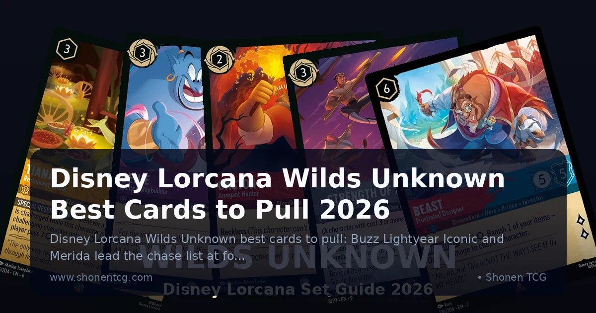 Disney Lorcana Wilds Unknown Buzz Lightyear and Merida Iconic rarity chase cards with Art Nouveau Enchanted cards fanned out