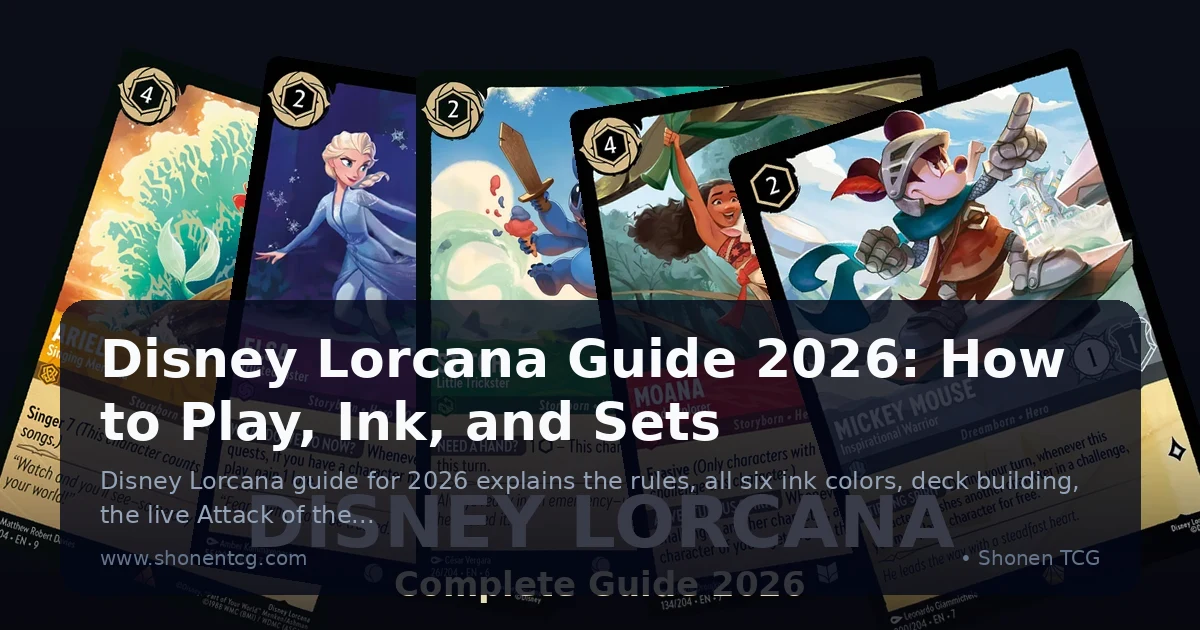 Fan of five Disney Lorcana cards, Ariel, Elsa, Stitch, Moana, and Mickey Mouse, showing different ink colors below a Complete Guide 2026 title