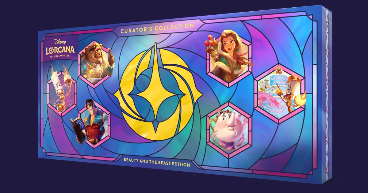 Disney Lorcana Curator's Collection Beauty and the Beast Edition box with stained-glass hexagons showing Beast, Belle, Lumiere, Mrs. Potts and Gaston