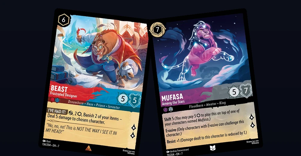 Two Disney Lorcana characters, Beast and Mufasa, positioned to show how a challenge pits one character's Strength against another's Willpower