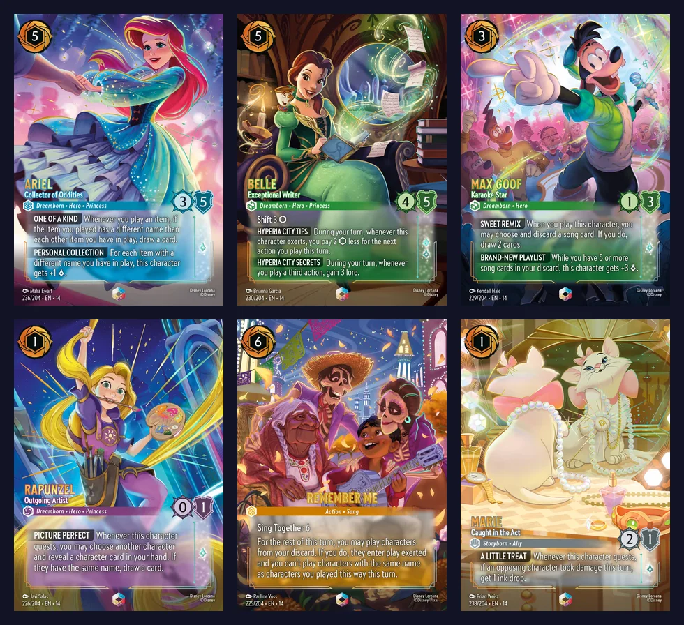 Six Hyperia City Enchanted cards in the after-dark city art style: Ariel Collector of Oddities, Belle Exceptional Writer, Max Goof Karaoke Star, Rapunzel Outgoing Artist, Remember Me and Marie Caught in the Act