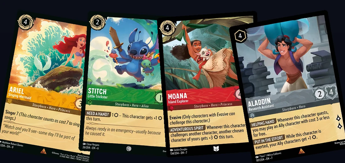 Disney Lorcana Snow White and Seven Dwarfs character cards showing the fan-favorite casual synergy loop