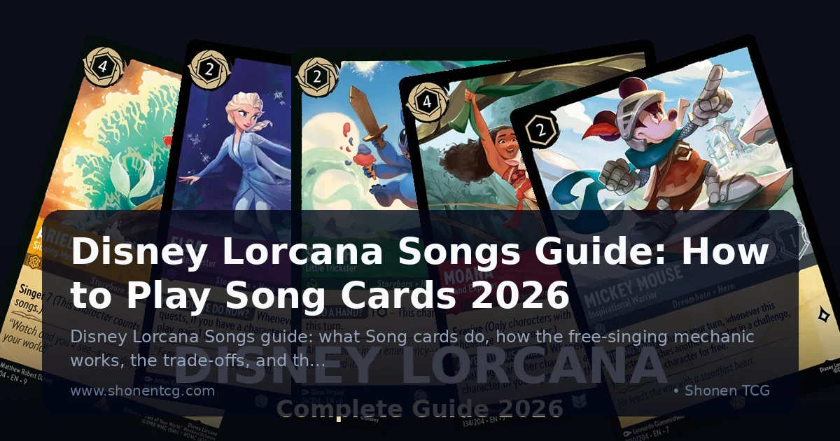 Disney Lorcana Song cards spread on a table including Part of Your World and Be Our Guest showing the musical note icon