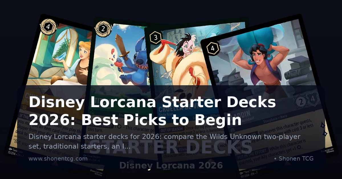 Disney Lorcana Cinderella, Stitch, Cruella De Vil, and Aladdin cards arranged as examples of starter deck ink pairings
