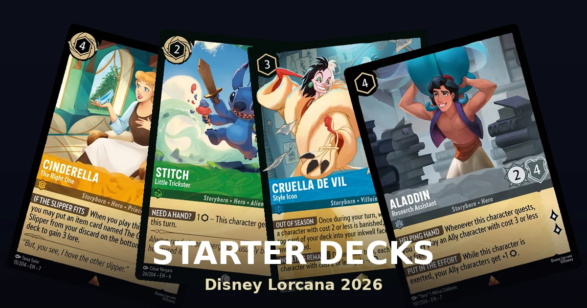 Disney Lorcana cards from common starter ink pairings fanned out to show a new player where to begin