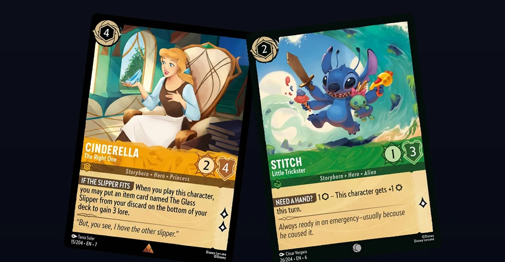 Disney Lorcana cards from common starter ink pairings, including Cinderella and Stitch for an Amber and Emerald style