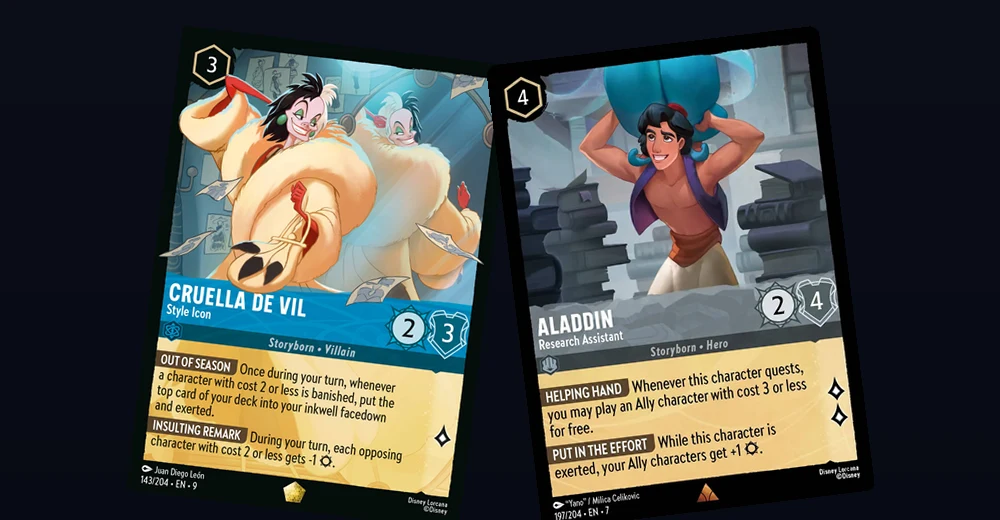 Disney Lorcana cards from a Sapphire and Steel control style, including Cruella and Aladdin