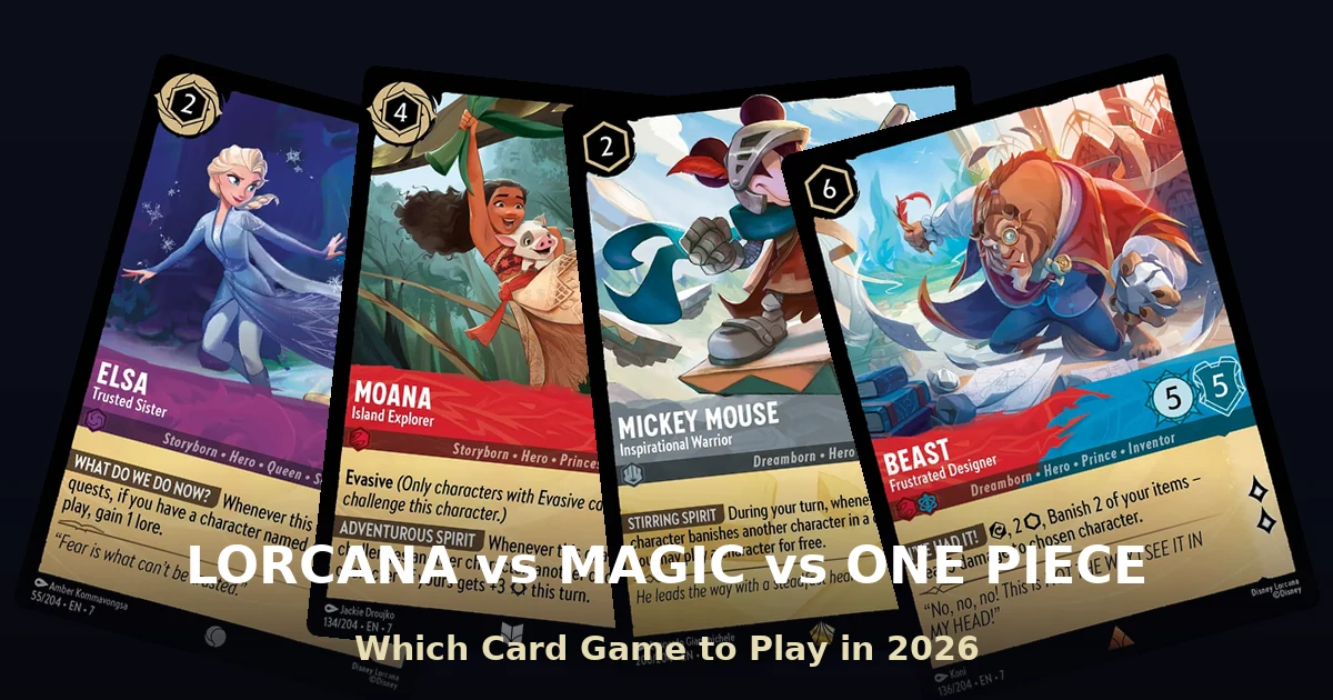 Disney Lorcana cards fanned out under a title comparing Lorcana, Magic, and One Piece TCG as card games to start