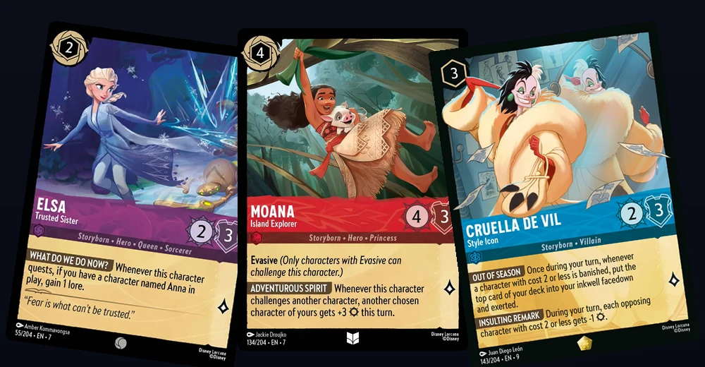 Disney Lorcana cards fanned out to represent the game in a comparison with Magic and One Piece TCG