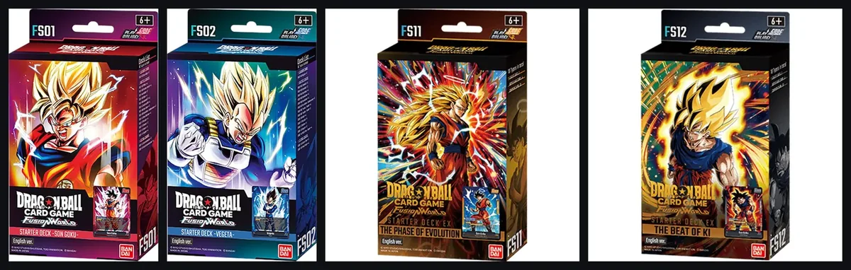 Fusion World starter deck boxes FS01 Son Goku, FS02 Vegeta, FS11 The Phase of Evolution and FS12 The Beat of Ki