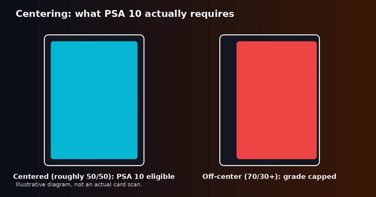 Side-by-side illustrative diagram showing a well-centered card border on the left versus a visibly off-center card border on the right