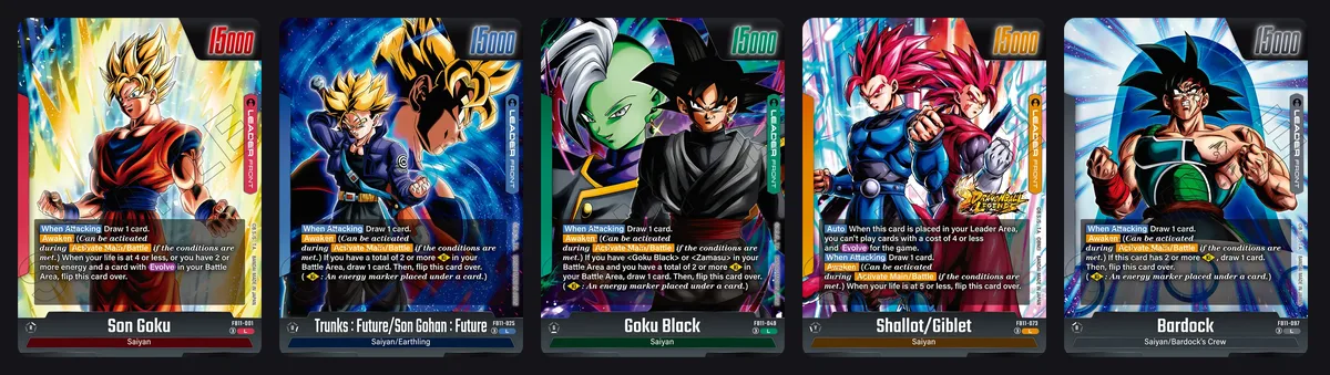 The five FB11 Brightness of Hope Leader cards, front sides: Son Goku FB11-001, Trunks Future and Son Gohan Future FB11-025, Goku Black FB11-049, Shallot and Giblet FB11-073, and Bardock FB11-097
