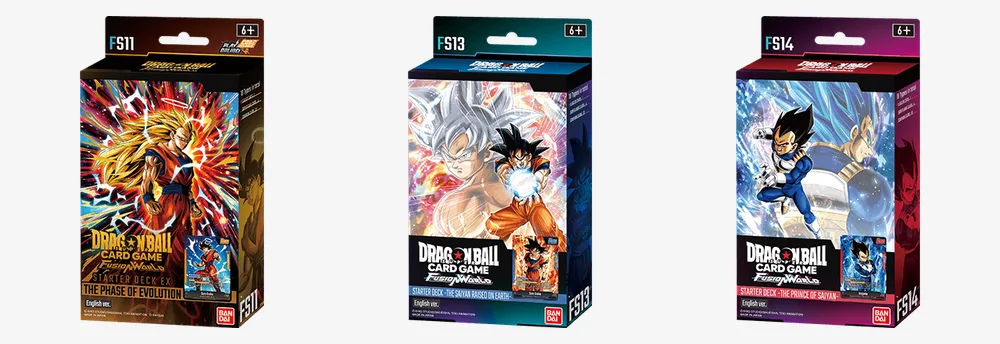 Fusion World starter deck boxes: FS11 The Phase of Evolution, FS13 The Saiyan Raised on Earth and FS14 The Prince of Saiyan